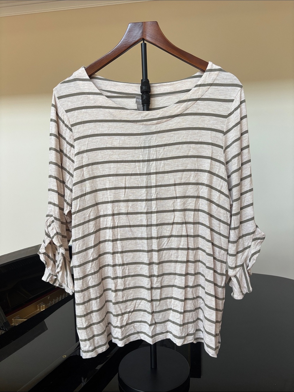 Chico’s Women's Beige Striped Roll-Sleeve Top